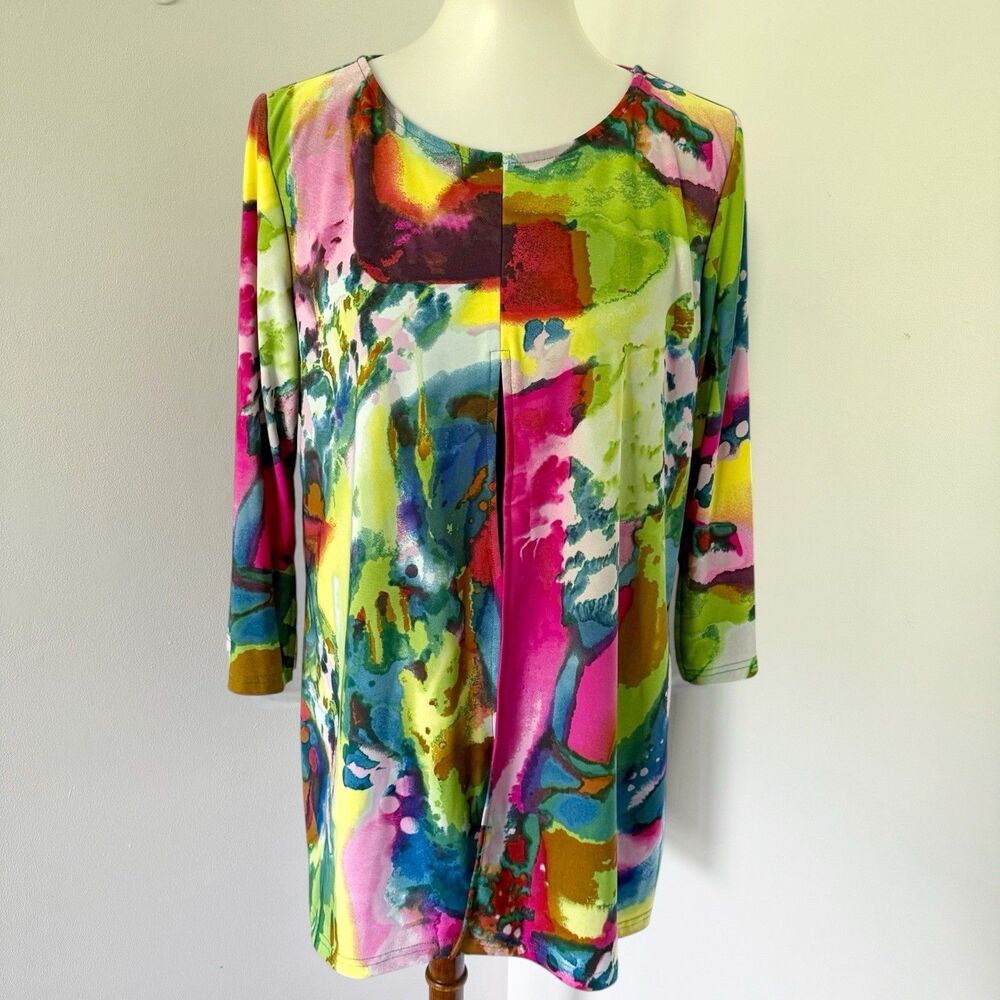Attitudes by Renee Como Jersey Printed Overlay Mock Twin Set Splash L A575805